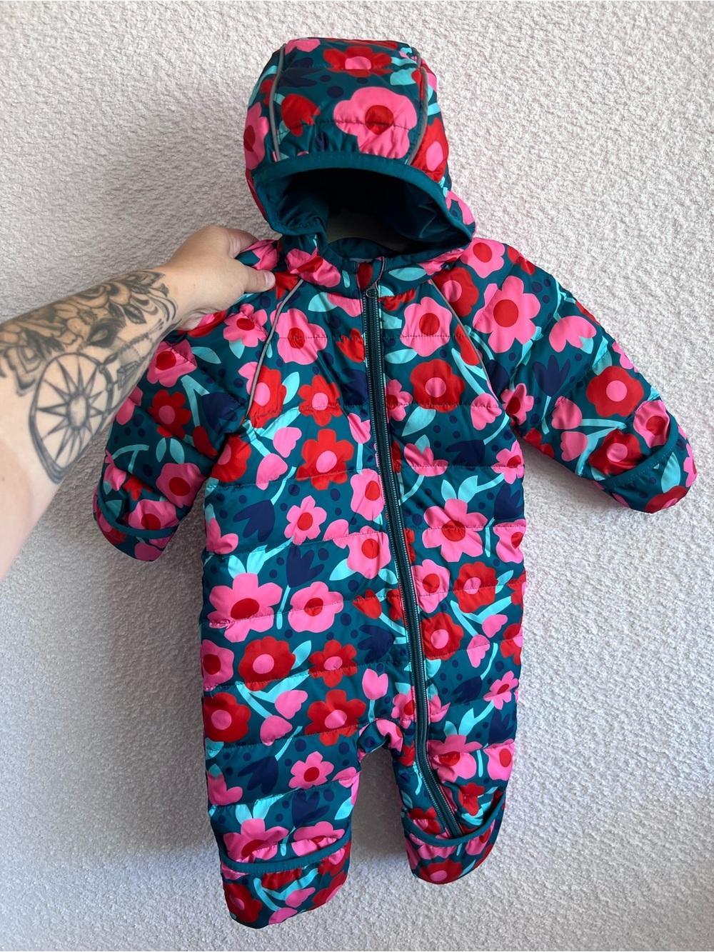 Hanna Andersson Infant Rosey Posey Teal Floral Snowsuit Size 6-12 Months
